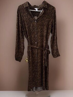 Time and Tru Brown Leopard Print Midi Shirt Dress Medium